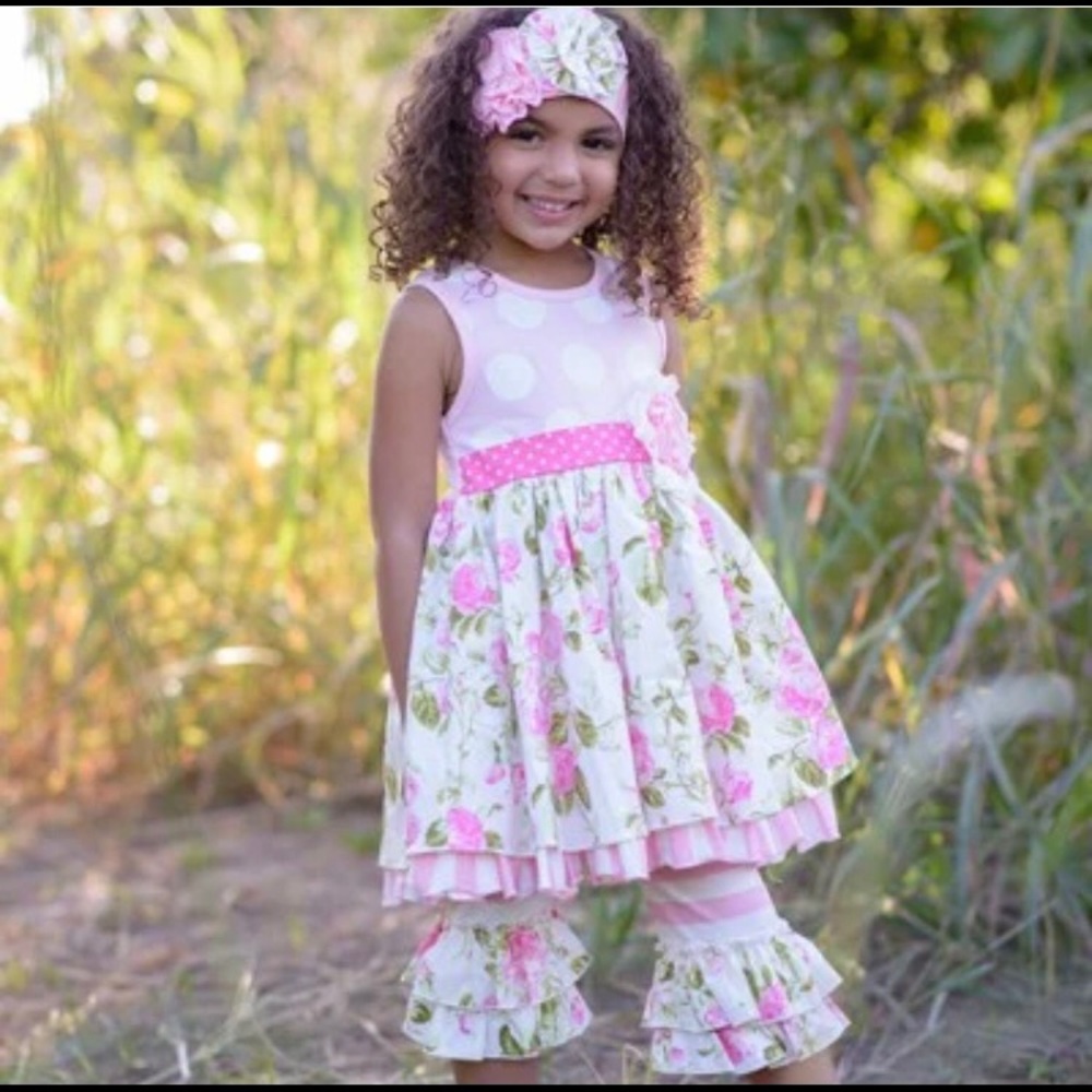 Serendipity Wild Rose 3 Piece Outfit: Dress, Ruffled Capri Pants & Headband